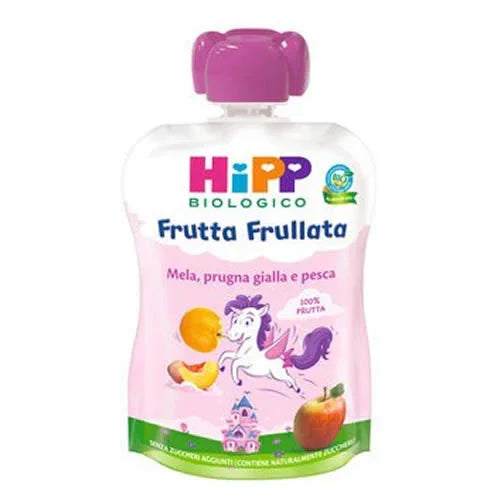 HIPP BIO FRUTTA FRULLATA UNICORNO MELA PRUGNA GIALLA PESCA 90 G - Farmaspeed