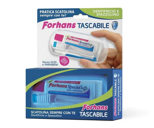 FORHANS TRAVEL KIT TASCABILE COMPOSTO DA SPAZZOLINO DA VIAGGIO + FORHANS SPECIAL PASTA DENTIFRICIA TUBETTO 12,5 ML - Farmaspeed