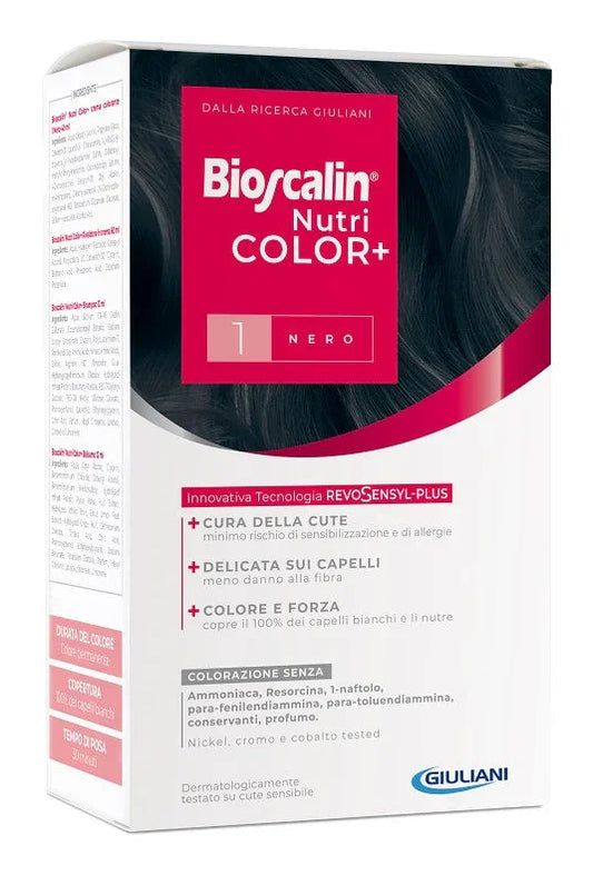 BIOSCALIN NUTRICOLOR PLUS 1 NERO CREMA COLORANTE 40 ML + RIVELATORE CREMA 60 ML + SHAMPOO 12 ML + TRATTAMENTO FINALE BALSAMO 12 ML - Farmaspeed