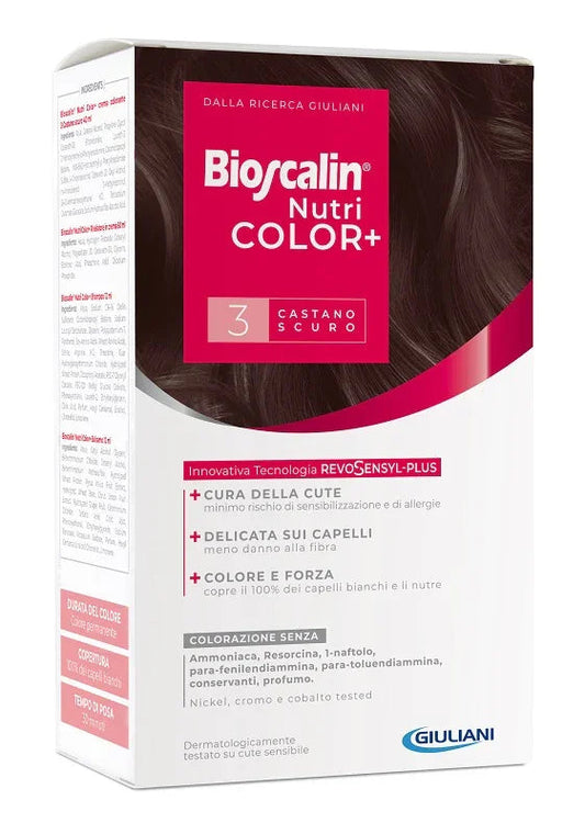 BIOSCALIN NUTRICOLOR PLUS 3 CASTANO SCURO CREMA COLORANTE 40 ML + RIVELATORE CREMA 60 ML + SHAMPOO 12 ML + TRATTAMENTO FINALE BALSAMO 12 ML - Farmaspeed