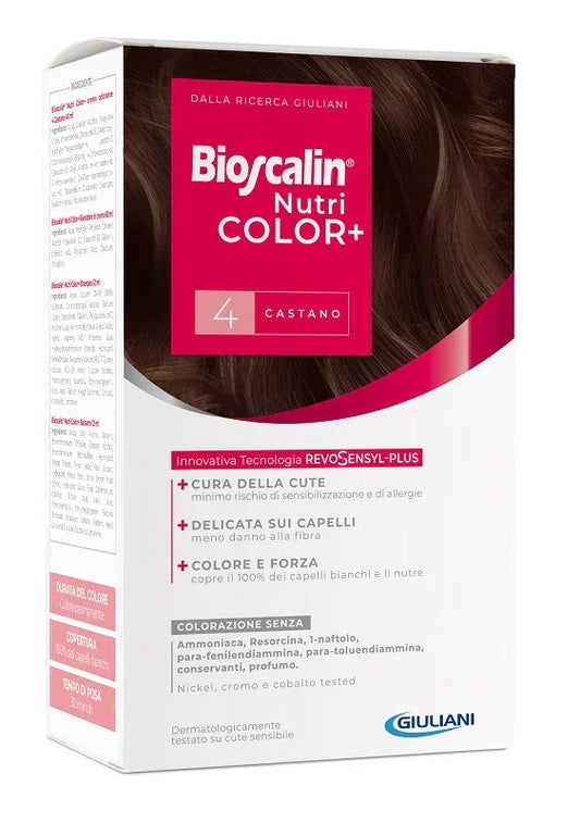 BIOSCALIN NUTRICOLOR PLUS 4 CASTANO CREMA COLORANTE 40 ML + RIVELATORE CREMA 60 ML + SHAMPOO 12 ML + TRATTAMENTO FINALE BALSAMO 12 ML - Farmaspeed