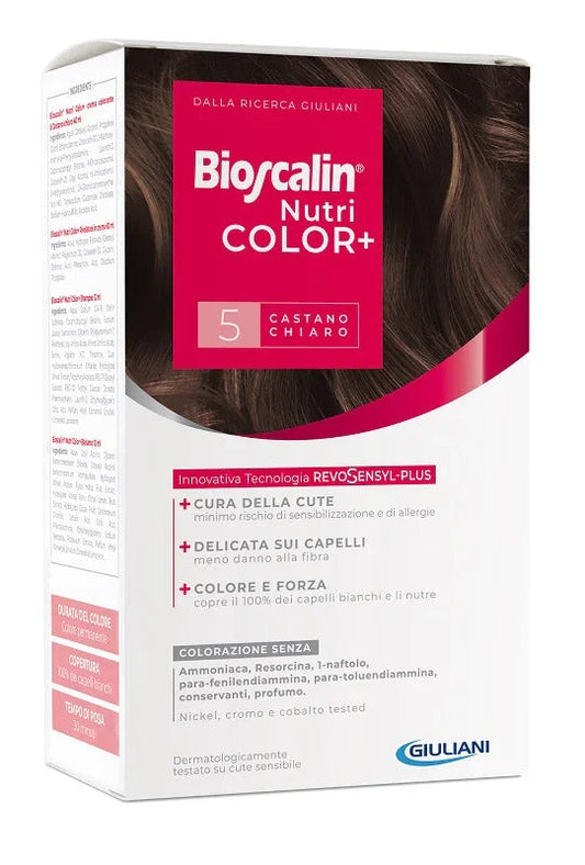 BIOSCALIN NUTRICOLOR PLUS 5 CASTANO CHIARO CREMA COLORANTE 40 ML + RIVELATORE CREMA 60 ML + SHAMPOO 12 ML + TRATTAMENTO FINALE BALSAMO 12 ML - Farmaspeed
