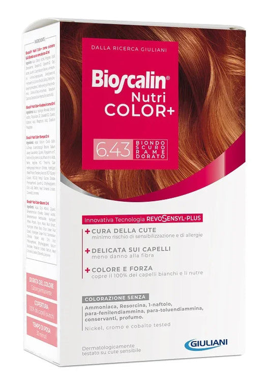BIOSCALIN NUTRICOLOR PLUS 6,43 BIONDO SCURO RAME DORATO CREMA COLORANTE 40 ML + RIVELATORE CREMA 60 ML + SHAMPOO 12 ML + TRATTAMENTO FINALE BALSAMO 12 ML - Farmaspeed