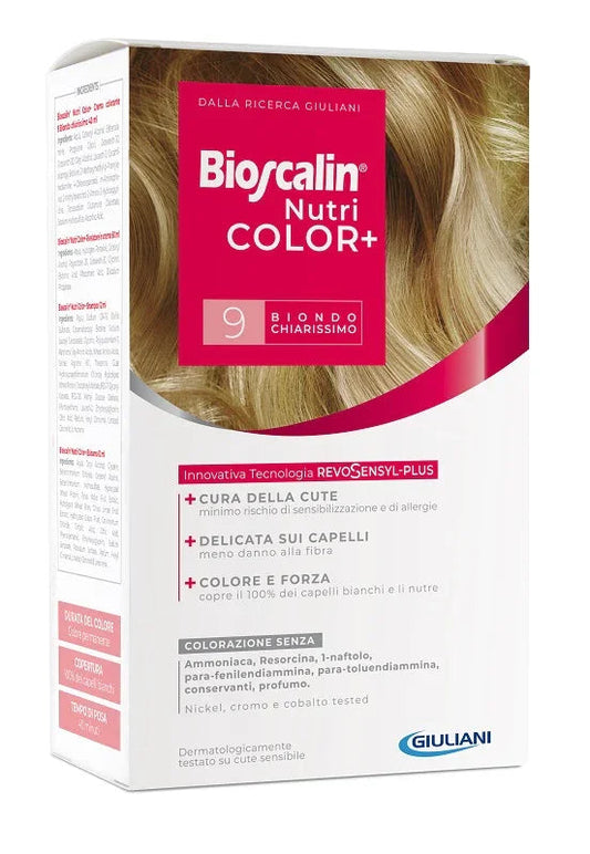 BIOSCALIN NUTRICOLOR PLUS 9 BIONDO CHIARISSIMO CREMA COLORANTE 40 ML + RIVELATORE CREMA 60 ML + SHAMPOO 12 ML + TRATTAMENTO FINALE BALSAMO 12 ML - Farmaspeed