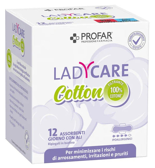 LADYCARE ASSORBENTI COTTON IPOALLERGENICI GIORNO CON ALI 12 PEZZI PROFAR - Farmaspeed