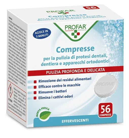 PROFAR COMPRESSE PULIZIA PROTESI DENTALI-DENTIERA-APPARECCHI ORTODONTICI 56 PEZZI - Farmaspeed