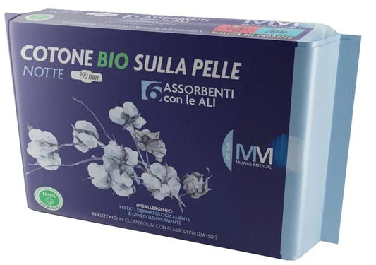 MUNUS MEDICAL ASSORBENTE NOTTE CON ALI COTONE BIO SULLA PELLE 290 MM 6 PEZZI - Farmaspeed