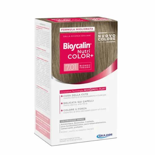 BIOSCALIN NUTRI COLOR+ 7,01 BIONDO FREDDO CREMA COLORANTE 40 ML + RIVELATORE CREMA 60 ML + SHAMPOO 12 ML + BALSAMO 12 ML + GUANTI USA E GETTA - Farmaspeed