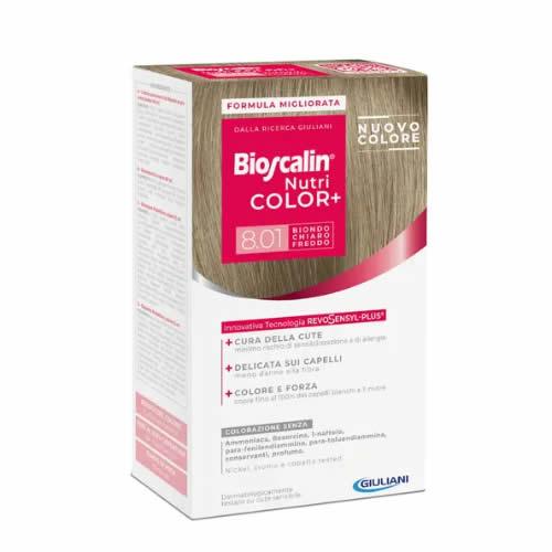 BIOSCALIN NUTRI COLOR+ 8,01 BIONDO CHIARO FREDDO CREMA COLORANTE 40 ML + RIVELATORE CREMA 60 ML + SHAMPOO 12 ML + BALSAMO 12 ML + GUANTI USA E GETTA - Farmaspeed