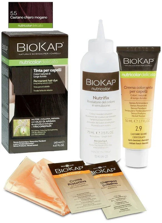 BIOKAP NUTRICOLOR DELICATO 5,50 CASTANO CHIARO MOGANO TINTA TUBO + FLACONE - Farmaspeed
