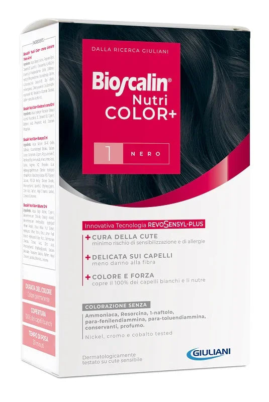 BIOSCALIN NUTRICOLOR PLUS 1 NERO CREMA COLORANTE 40 ML + RIVELATORE CREMA 60 ML + SHAMPOO 12 ML + TRATTAMENTO FINALE BALSAMO 12 ML - Farmaspeed