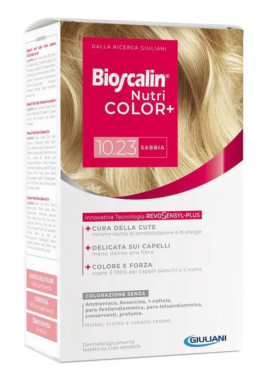 BIOSCALIN NUTRICOLOR PLUS 10,23 SABBIA CREMA COLORANTE 40 ML + RIVELATORE CREMA 60 ML + SHAMPOO 12 ML + TRATTAMENTO FINALE BALSAMO 12 ML - Farmaspeed