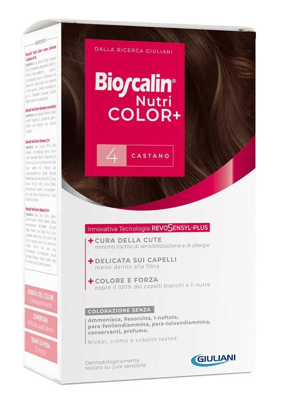 BIOSCALIN NUTRICOLOR PLUS 4 CASTANO CREMA COLORANTE 40 ML + RIVELATORE CREMA 60 ML + SHAMPOO 12 ML + TRATTAMENTO FINALE BALSAMO 12 ML - Farmaspeed