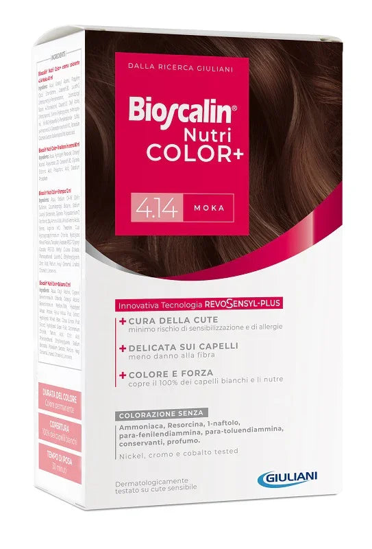 BIOSCALIN NUTRICOLOR PLUS 4,14 MOKA CREMA COLORANTE 40 ML + RIVELATORE CREMA 60 ML + SHAMPOO 12 ML + TRATTAMENTO FINALE BALSAMO 12 ML - Farmaspeed