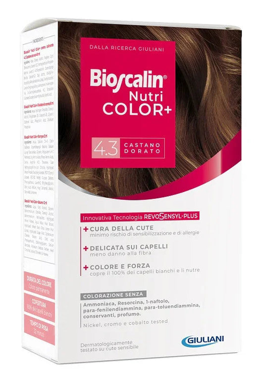 BIOSCALIN NUTRICOLOR PLUS 4,3 CASTANO DORATO CREMA COLORANTE 40 ML + RIVELATORE CREMA 60 ML + SHAMPOO 12 ML + TRATTAMENTO FINALE BALSAMO 12 ML - Farmaspeed