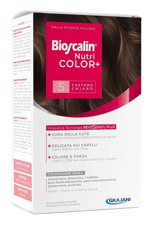 BIOSCALIN NUTRICOLOR PLUS 5 CASTANO CHIARO CREMA COLORANTE 40 ML + RIVELATORE CREMA 60 ML + SHAMPOO 12 ML + TRATTAMENTO FINALE BALSAMO 12 ML - Farmaspeed