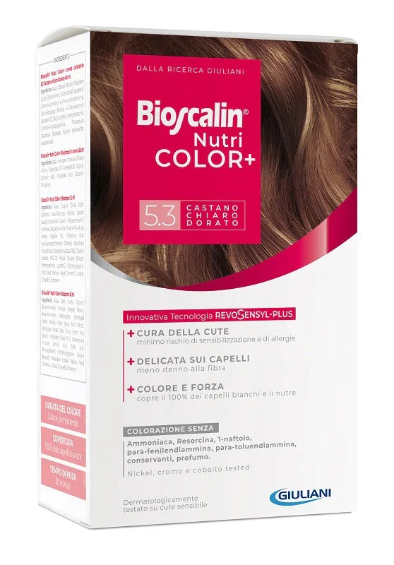 BIOSCALIN NUTRICOLOR PLUS 5,3 CASTANO CHIARO DORATO CREMA COLORANTE 40 ML + RIVELATORE CREMA 60 ML + SHAMPOO 12 ML + TRATTAMENTO FINALE BALSAMO 12 ML - Farmaspeed
