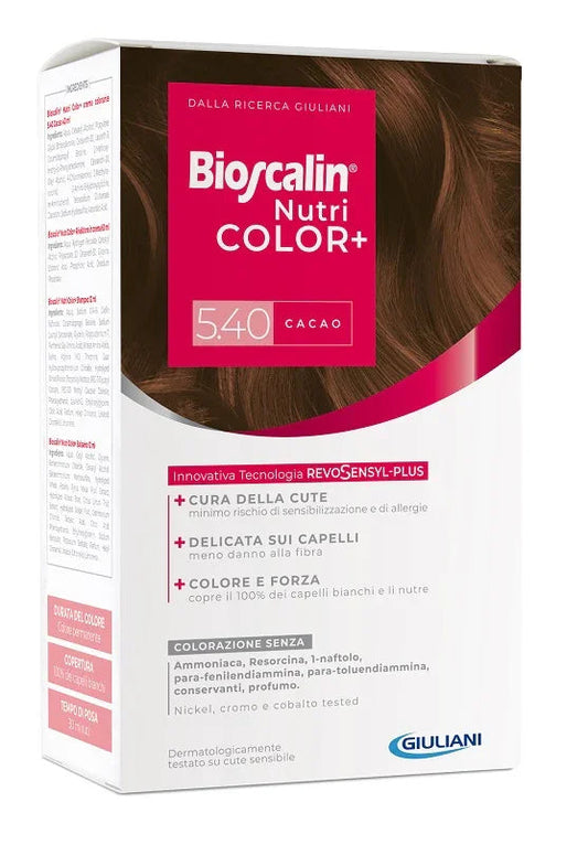 BIOSCALIN NUTRICOLOR PLUS 5,40 CACAO CREMA COLORANTE 40 ML + RIVELATORE CREMA 60 ML + SHAMPOO 12 ML + TRATTAMENTO FINALE BALSAMO 12 ML - Farmaspeed