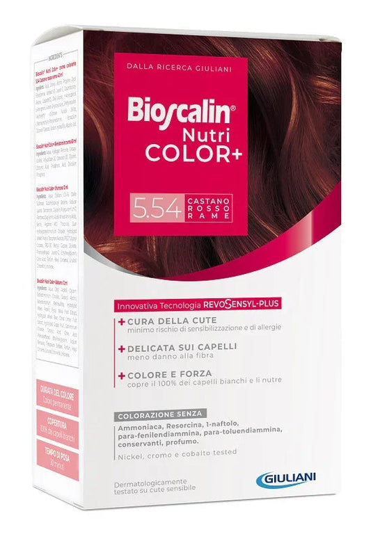 BIOSCALIN NUTRICOLOR PLUS 5,54 CASTANO ROSSO RAME CREMA COLORANTE 40 ML + RIVELATORE CREMA 60 ML + SHAMPOO 12 ML + TRATTAMENTO FINALE BALSAMO 12 ML - Farmaspeed