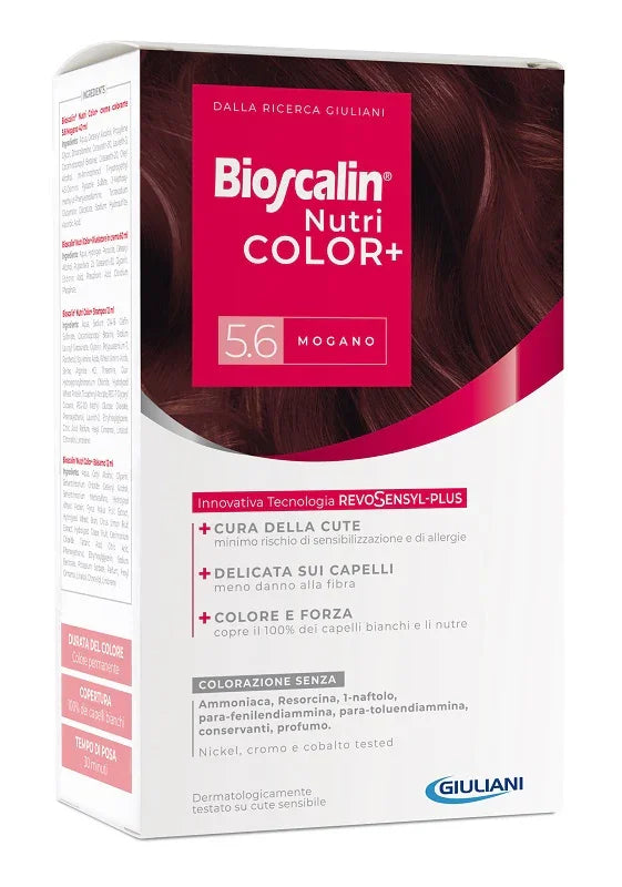 BIOSCALIN NUTRICOLOR PLUS 5,6 MOGANO CREMA COLORANTE 40 ML + RIVELATORE CREMA 60 ML + SHAMPOO 12 ML + TRATTAMENTO FINALE BALSAMO 12 ML - Farmaspeed