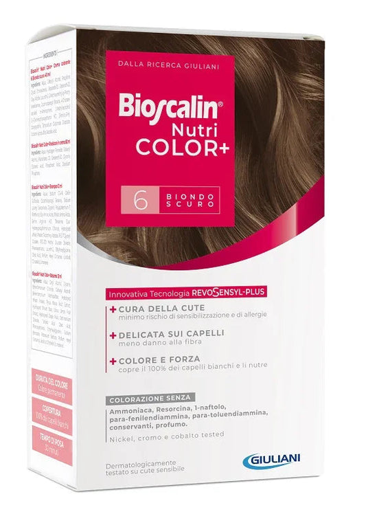 BIOSCALIN NUTRICOLOR PLUS 6 BIONDO SCURO CREMA COLORANTE 40 ML + RIVELATORE CREMA 60 ML + SHAMPOO 12 ML + TRATTAMENTO FINALE BALSAMO 12 ML - Farmaspeed