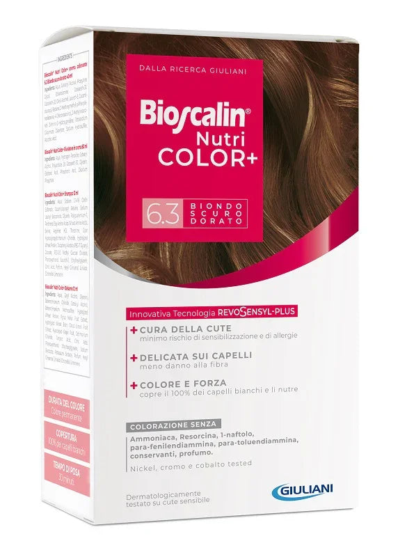 BIOSCALIN NUTRICOLOR PLUS 6,3 BIONDO SCURO DORATO CREMA COLORANTE 40 ML + RIVELATORE CREMA 60 ML + SHAMPOO 12 ML + TRATTAMENTO FINALE BALSAMO 12 ML - Farmaspeed