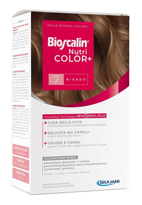 BIOSCALIN NUTRICOLOR PLUS 7 BIONDO CREMA COLORANTE 40 ML + RIVELATORE CREMA 60 ML + SHAMPOO 12 ML + TRATTAMENTO FINALE BALSAMO 12 ML - Farmaspeed