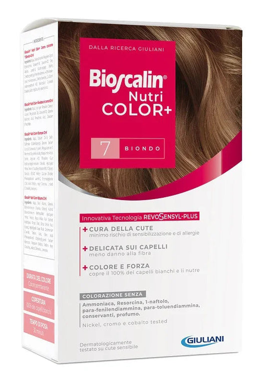 BIOSCALIN NUTRICOLOR PLUS 7 BIONDO CREMA COLORANTE 40 ML + RIVELATORE CREMA 60 ML + SHAMPOO 12 ML + TRATTAMENTO FINALE BALSAMO 12 ML - Farmaspeed