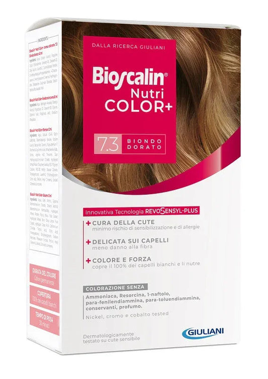 BIOSCALIN NUTRICOLOR PLUS 7,3 BIONDO DORATO CREMA COLORANTE 40 ML + RIVELATORE CREMA 60 ML + SHAMPOO 12 ML + TRATTAMENTO FINALE BALSAMO 12 ML - Farmaspeed