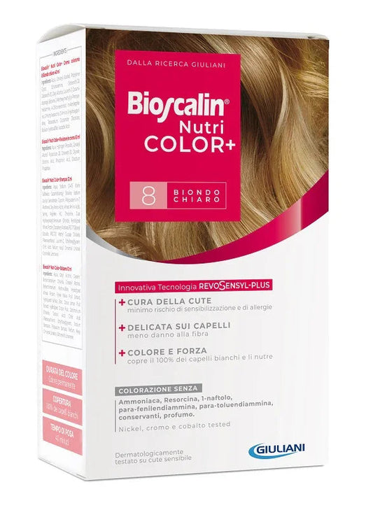 BIOSCALIN NUTRICOLOR PLUS 8 BIONDO CHIARO CREMA COLORANTE 40 ML + RIVELATORE CREMA 60 ML + SHAMPOO 12 ML + TRATTAMENTO FINALE BALSAMO 12 ML - Farmaspeed