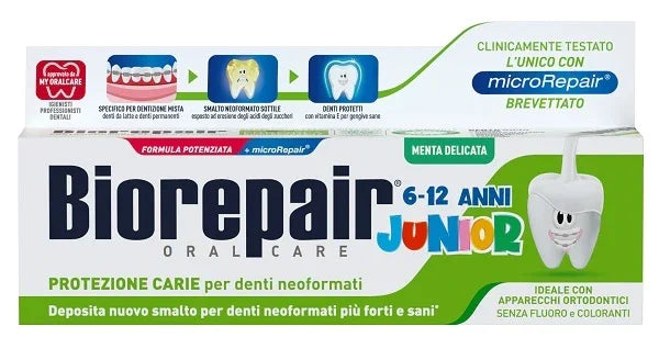 BIOREPAIR ORAL CARE JUNIOR 6-12 ANNI DENTIFRICIO PROTEZIONE ANTI CARIE SMALTO NEOFORMATO ALLA MENTA DELICATA 75 ML - Farmaspeed
