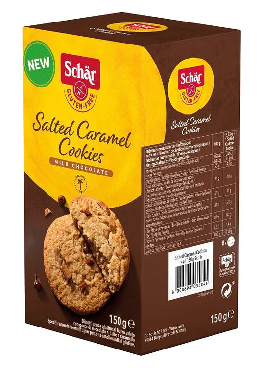 SCHAR SALTED CARAMEL COOKIES CON GOCCE DI CIOCCOLATO AL LATTE E CARAMELLO 150 G - Farmaspeed
