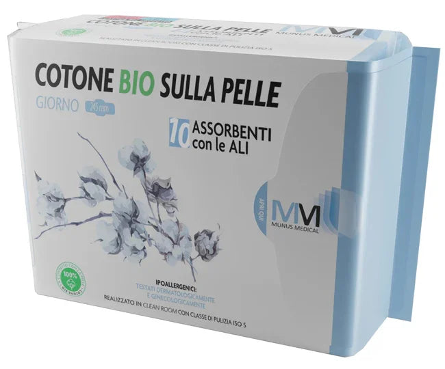 MUNUS MEDICAL ASSORBENTE GIORNO CON ALI COTONE BIO SULLA PELLE 245 MM 10 PEZZI - Farmaspeed