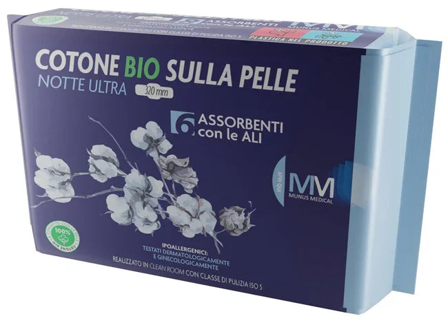 MUNUS MEDICAL ASSORBENTE NOTTE ULTRA CON ALI COTONE BIO SULLA PELLE 320 MM 6 PEZZI - Farmaspeed