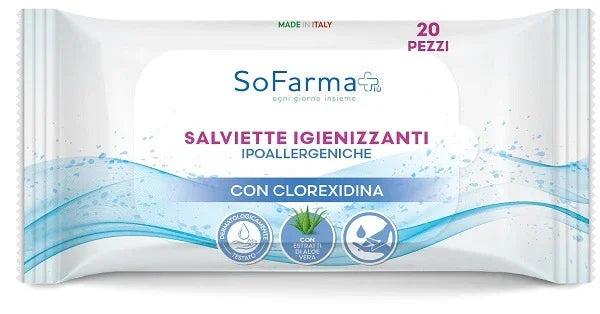 SALVIETTINE IGIENIZZANTI POCKET CLOREXIDINA 20 PEZZI SOFARMAPIU' - Farmaspeed