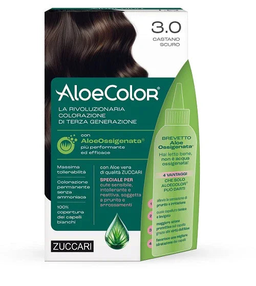 ALOECOLOR 3,0 CASTANO SCURO TINTA PERMANENTE CAPELLI COLORE AD ALTA PIGMENTAZIONE 50 ML + RIVELATORE ALOEOSSIGENATA 75 ML + SHAMPOO ALOECARE 15 ML + GUANTI - Farmaspeed